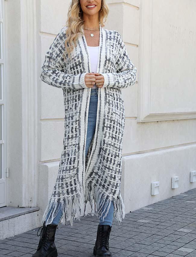 Fringed long cardigan coat-D788