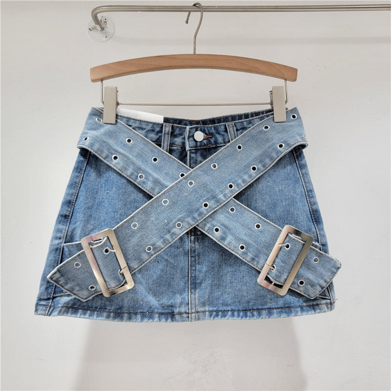 Vintage Denim Pleated Skirt-D844