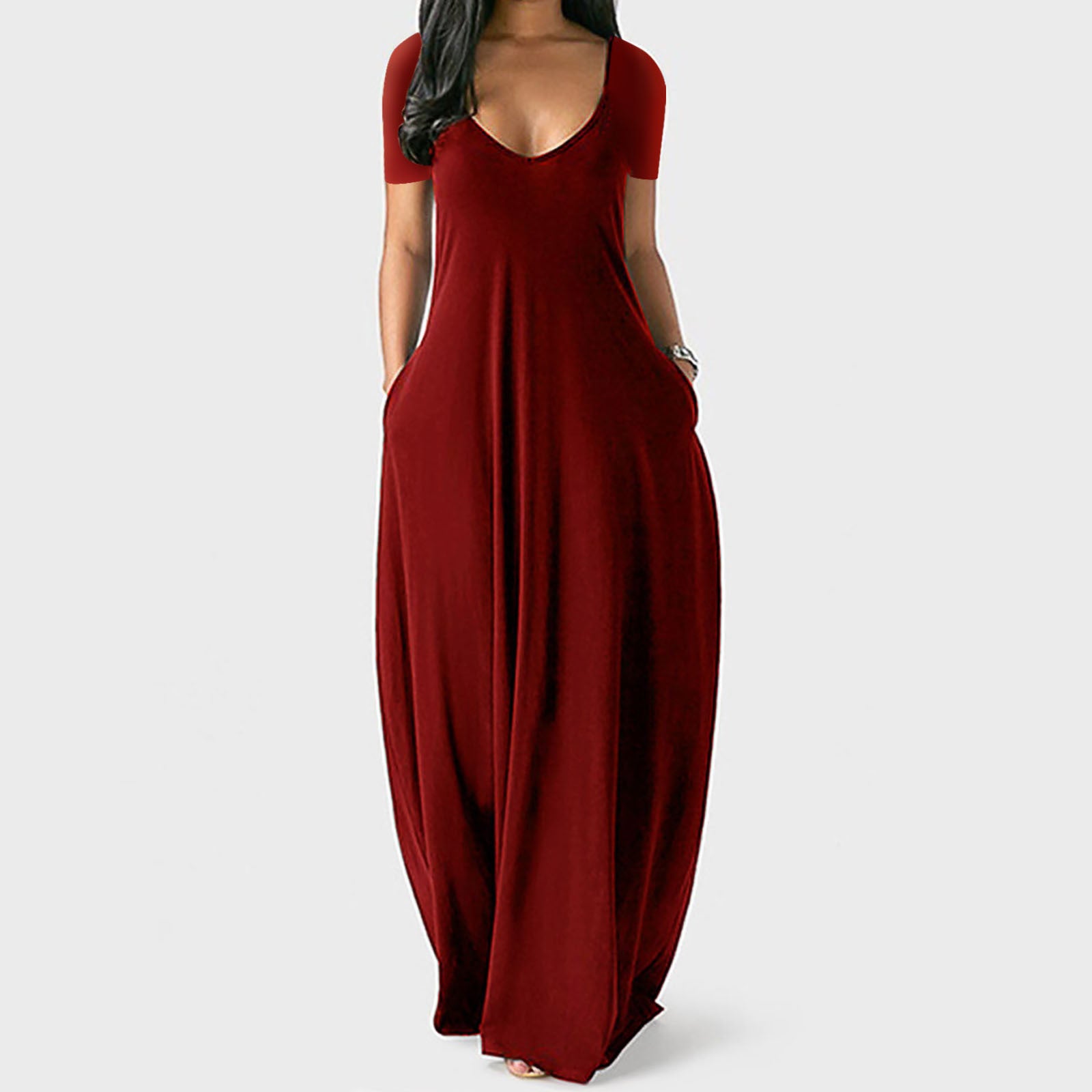 Solid color V-neck dress-D836