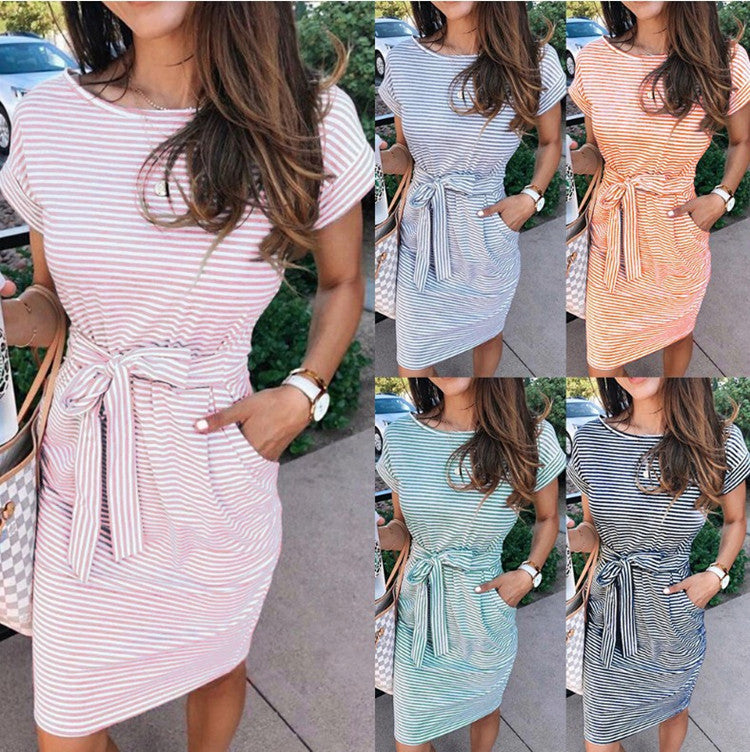 Short Sleeve Waist Striped Dress -D153