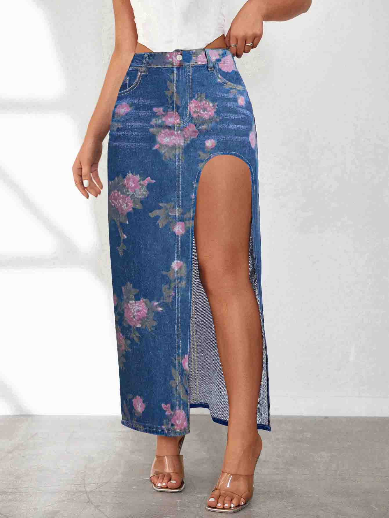 Skirt-D814 denim de rendija alta | Inspanda