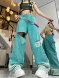 Ripped Straight-Leg Jeans-D849