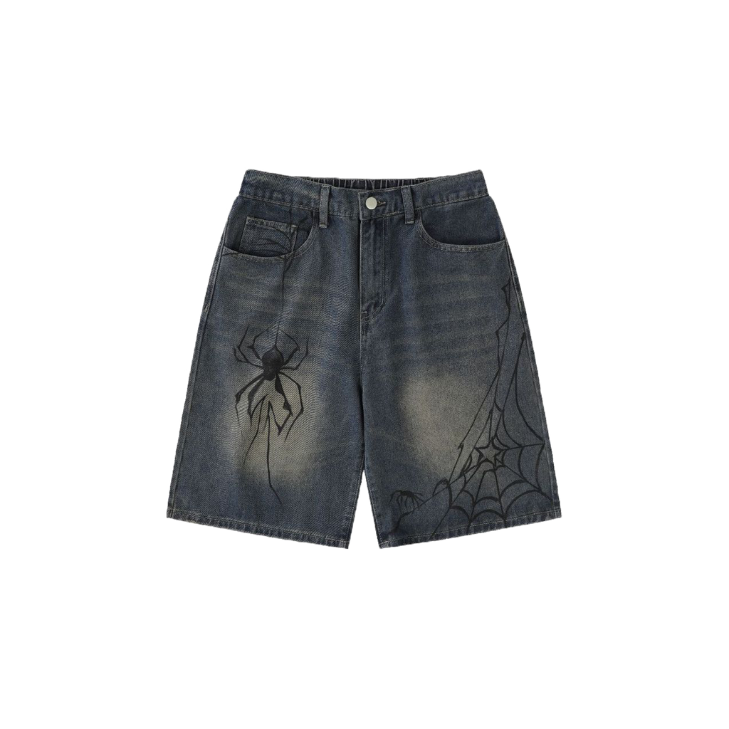 Gothic spider print denim shorts-D43