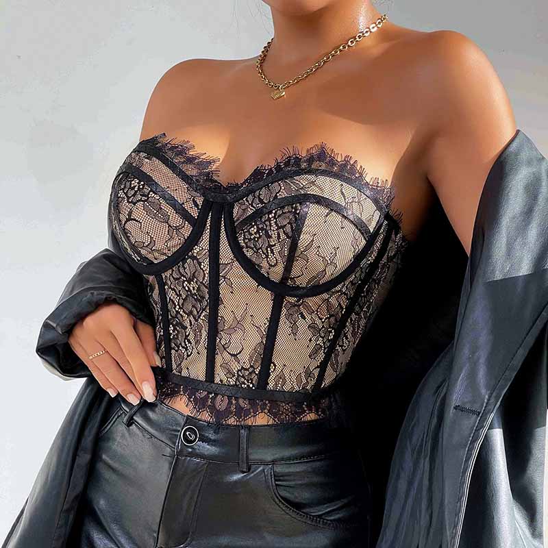 Black lace contrast top-D58