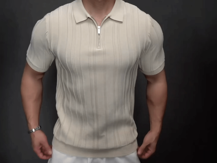 Striped zip-up polo shirt-D180