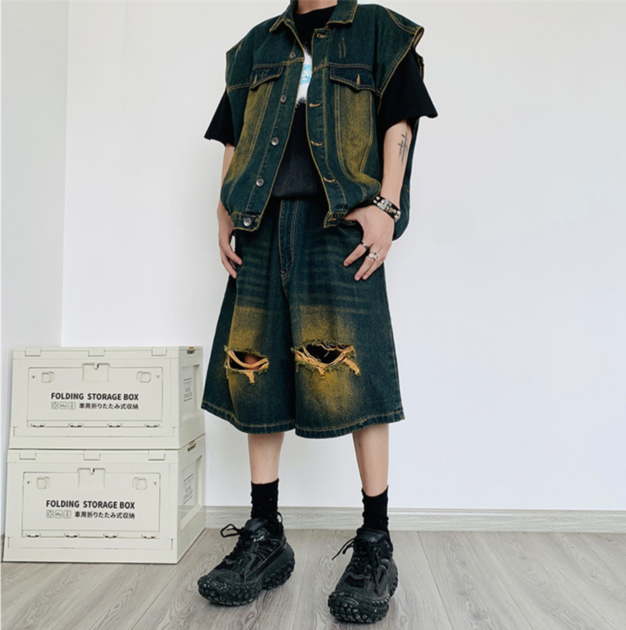 Denim tank and shorts suit -D258