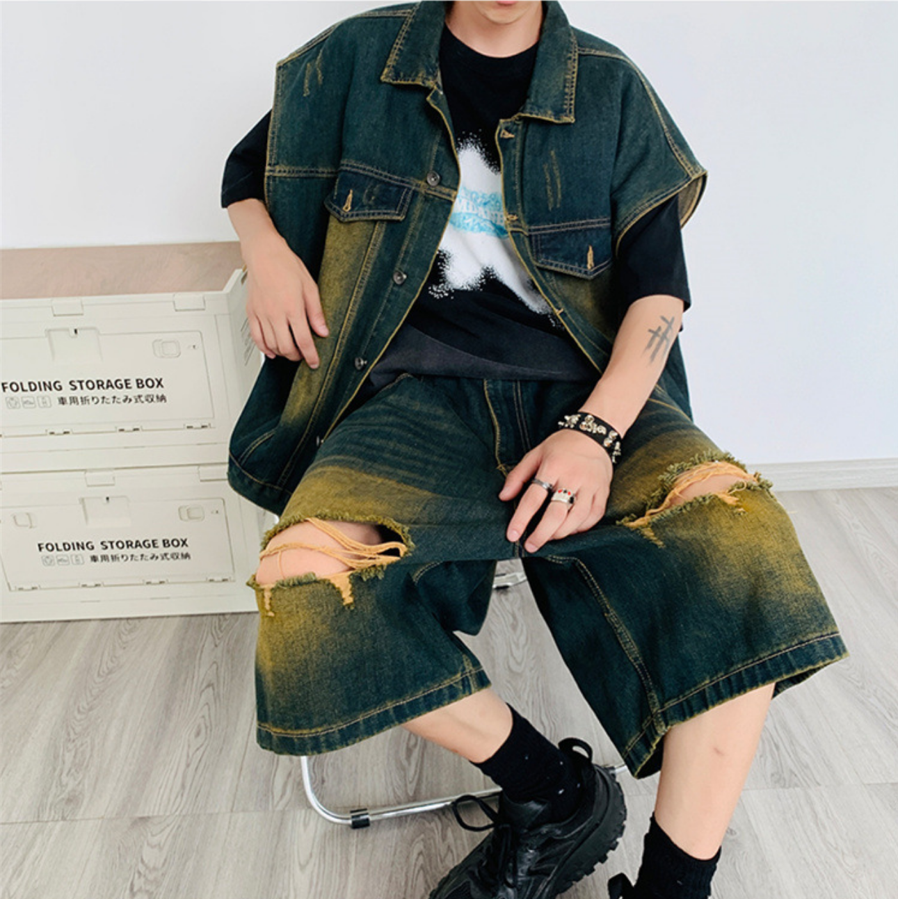 Denim tank and shorts suit -D258