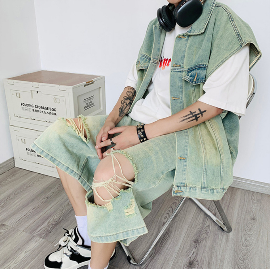Denim tank and shorts suit -D258