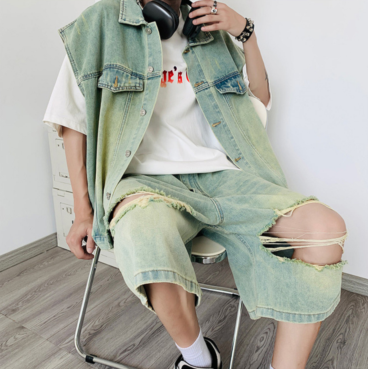 Denim tank and shorts suit -D258