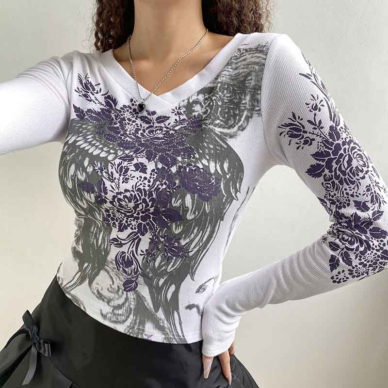 Gothic feather print top-D835