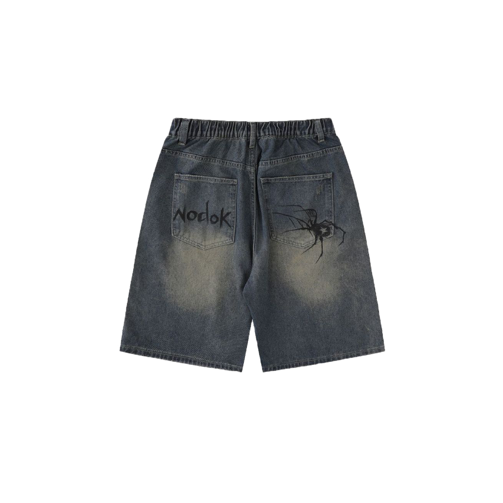 Gothic spider print denim shorts-D43