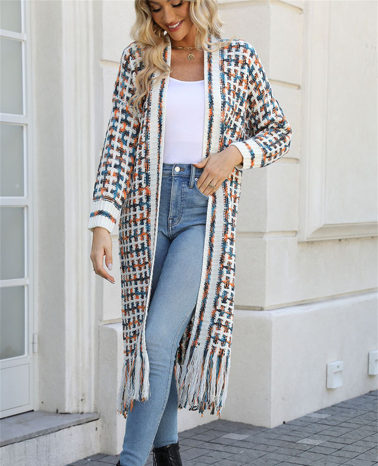 Fringed long cardigan coat-D788