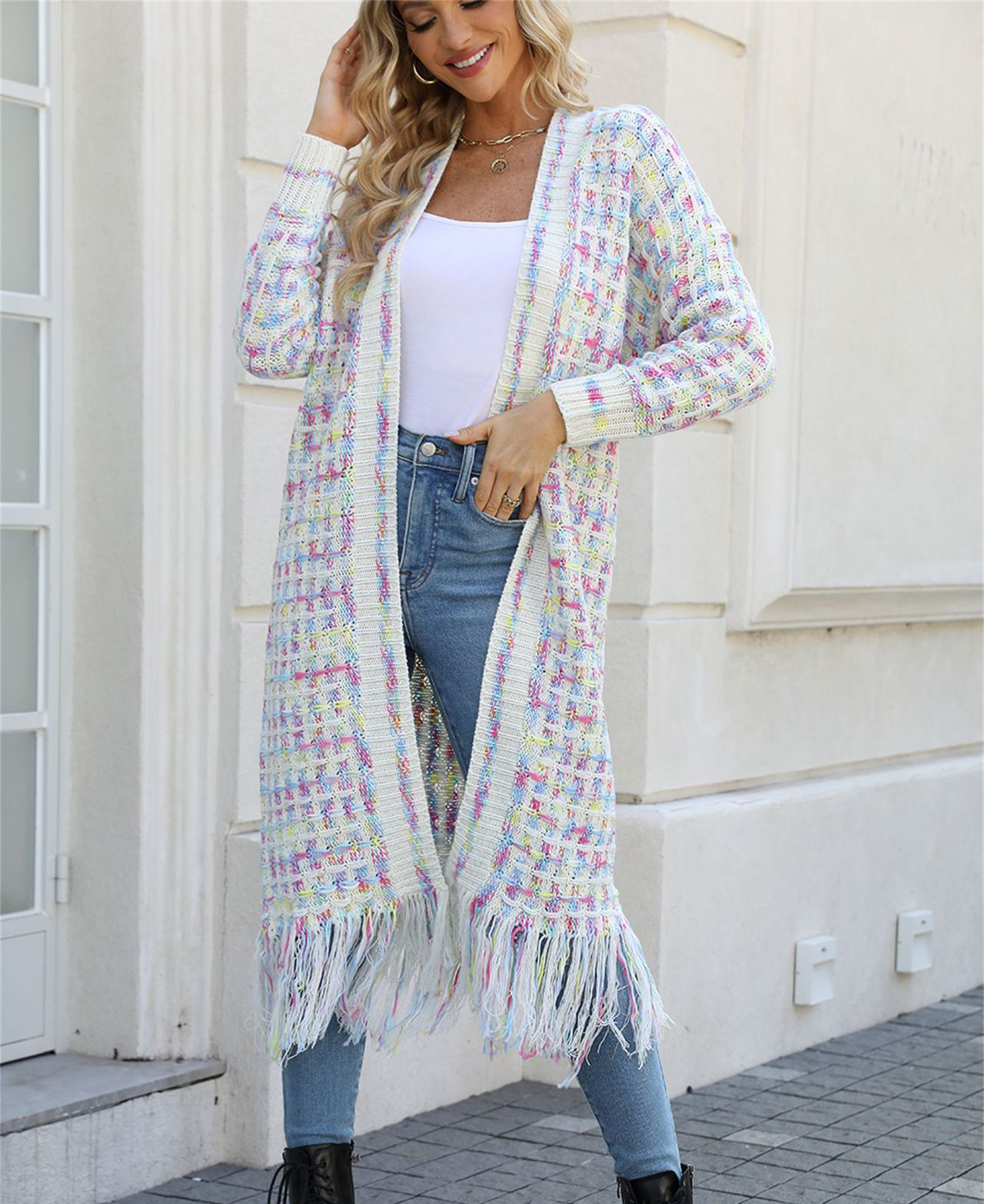 Fringed long cardigan coat-D788