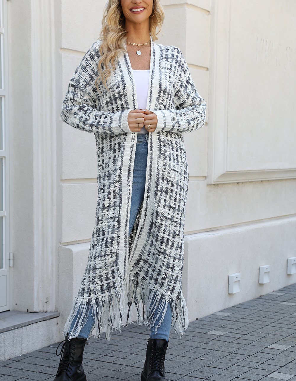 Fringed long cardigan coat-D788