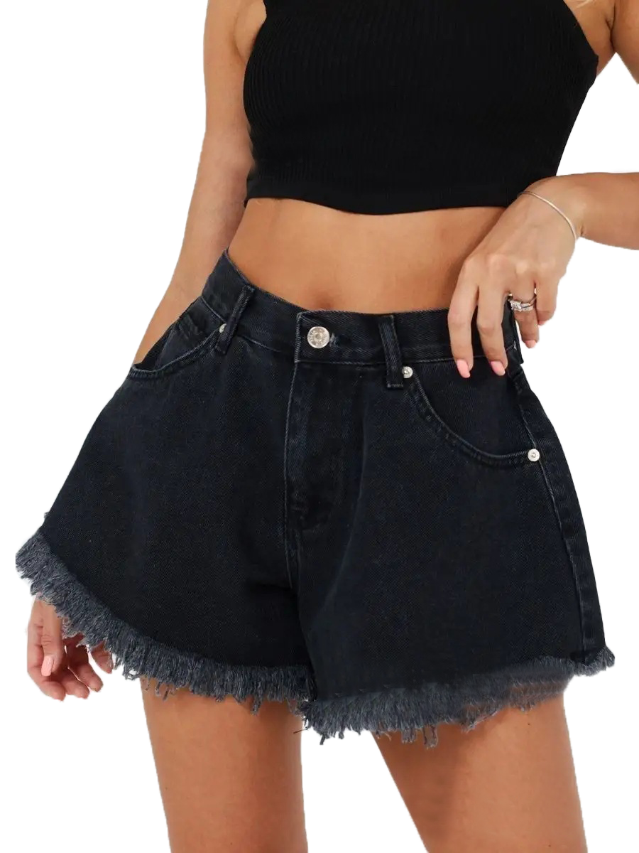 Baggy denim shorts with fringe-D136