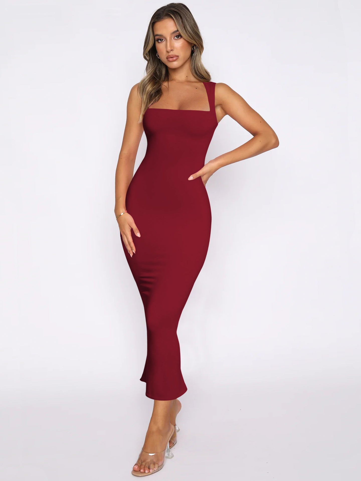 Solid color slit sexy dress-D152