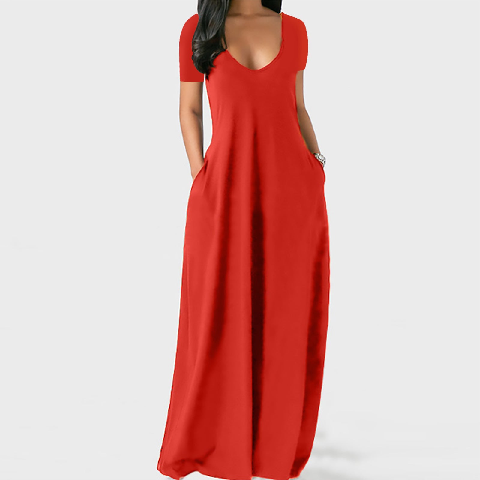 Solid color V-neck dress-D836