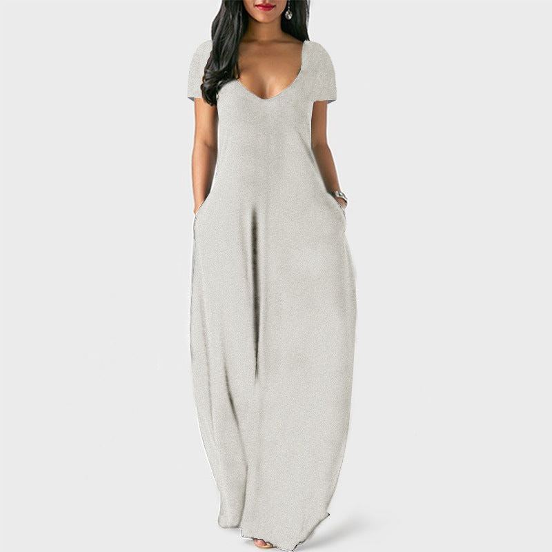 Solid color V-neck dress-D836