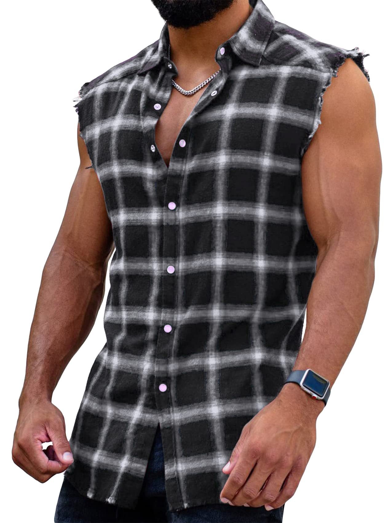 Sleeveless plaid shirt-D685