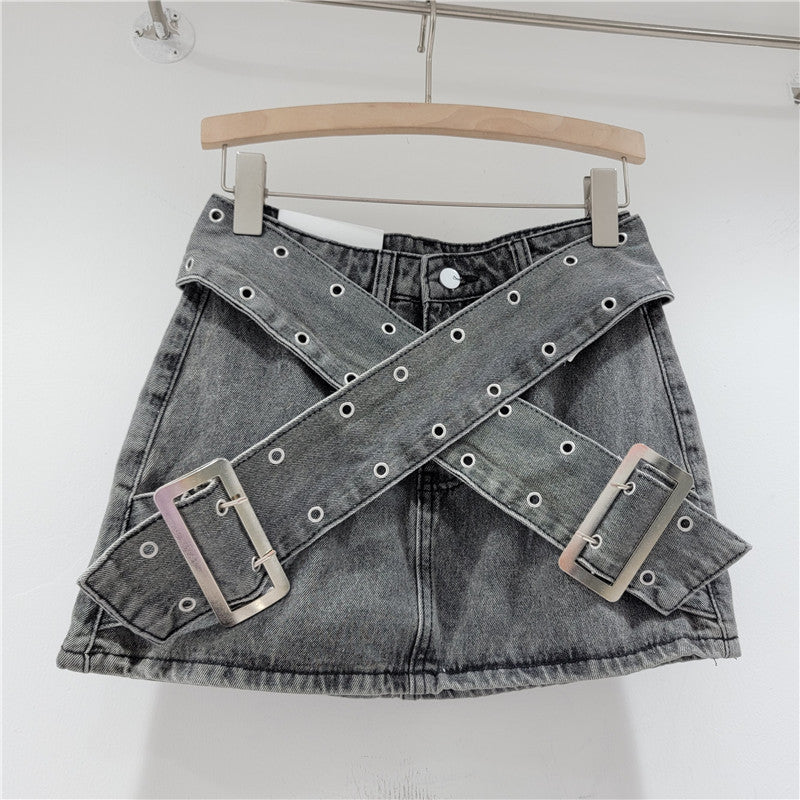 Vintage Denim Pleated Skirt-D844