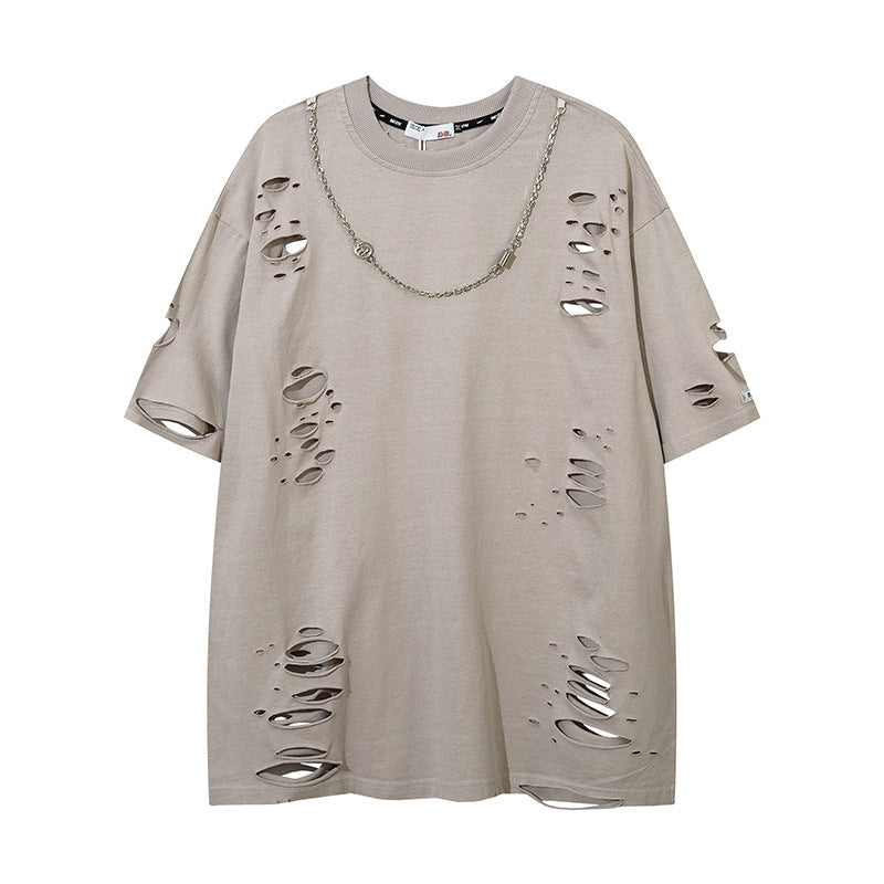 Ripped solid color short sleeves-D461