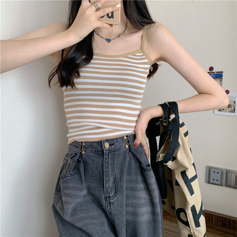 Striped camisole knitted vest-D755