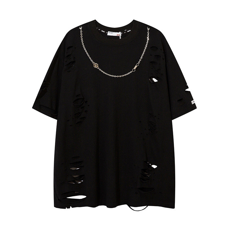 Ripped solid color short sleeves-D461