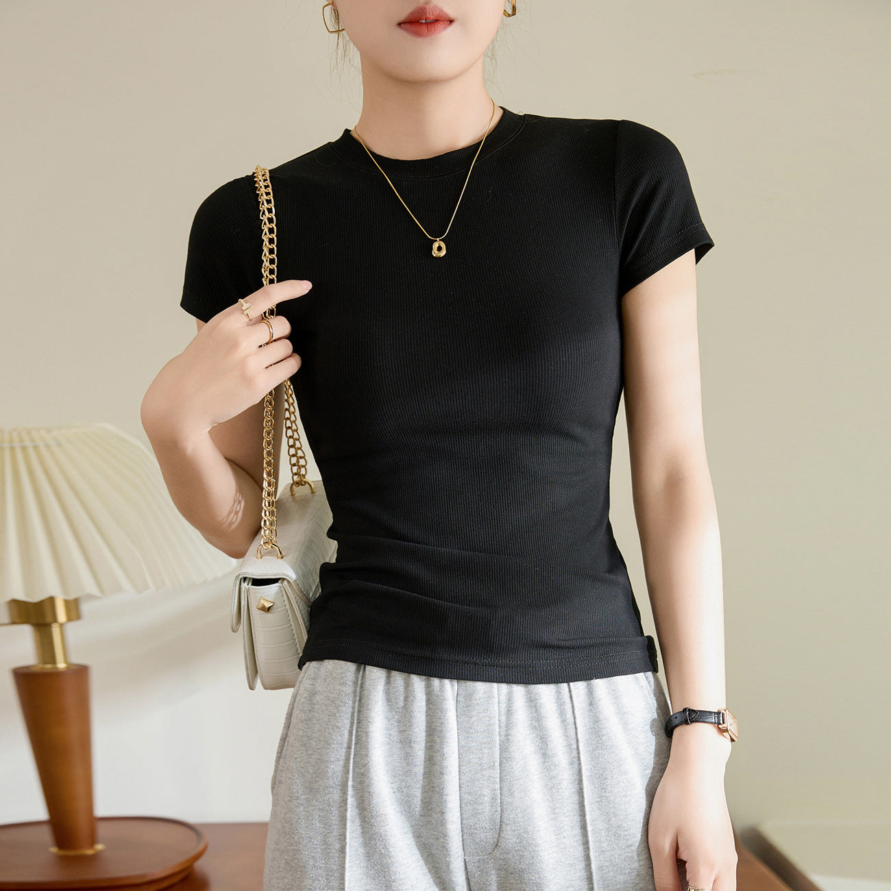 Solid color skinny top-D829
