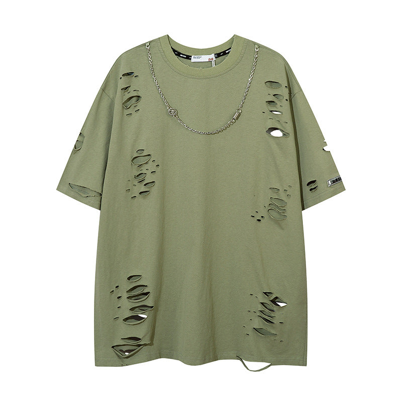 Ripped solid color short sleeves-D461