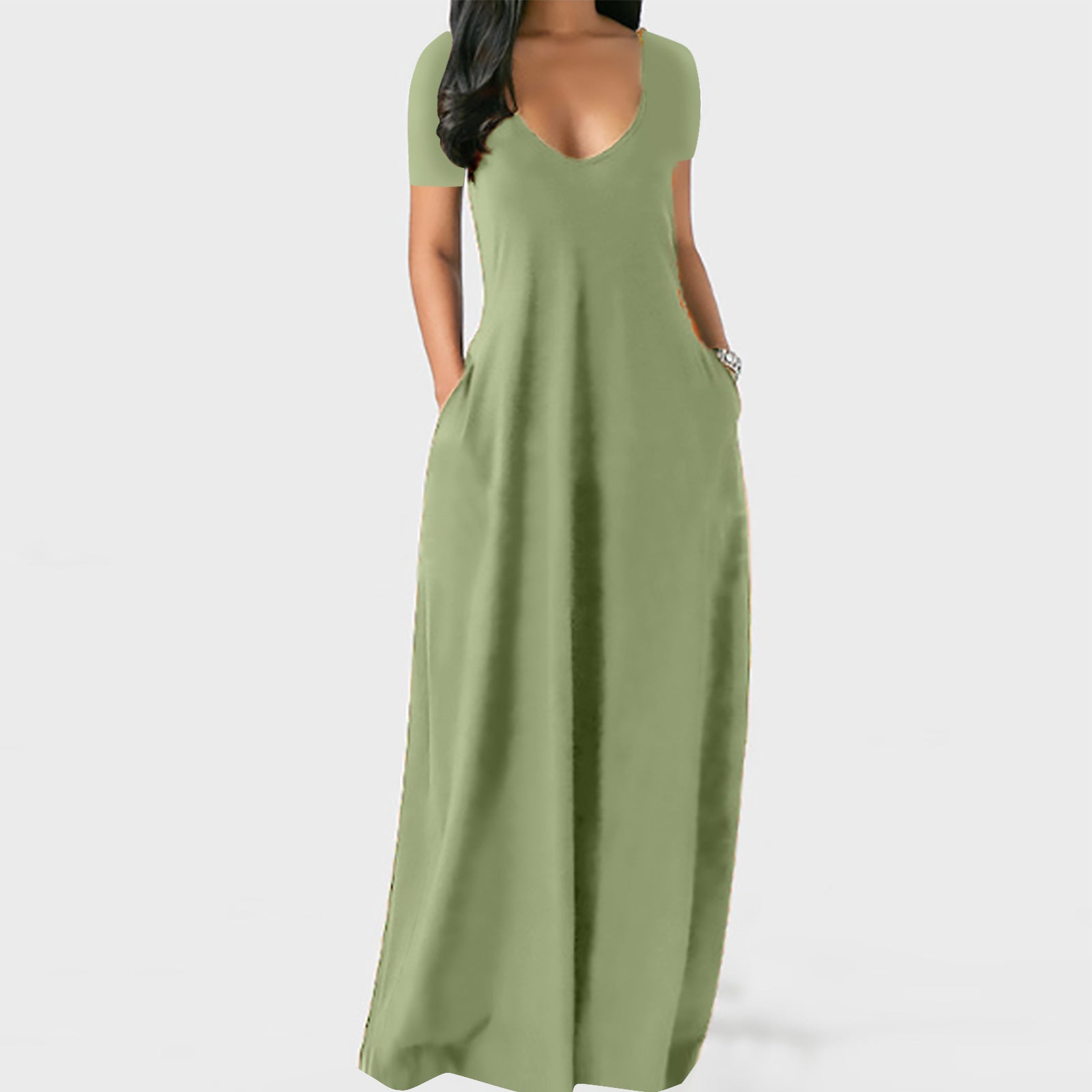 Solid color V-neck dress-D836