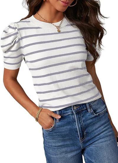 Cropped puff sleeve knit top -D123