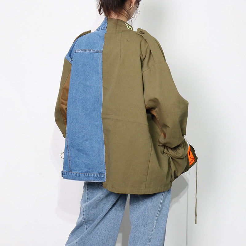 Color contrast patchwork denim jacket-D357