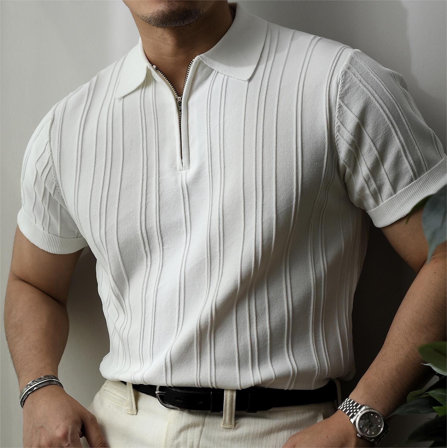 Striped zip-up polo shirt-D180