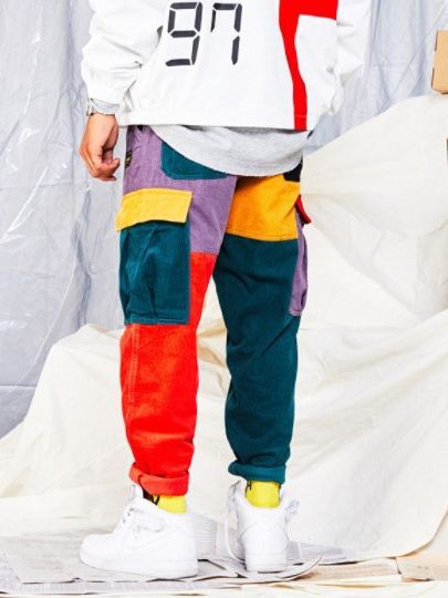 Corduroy patchwork pants-D169