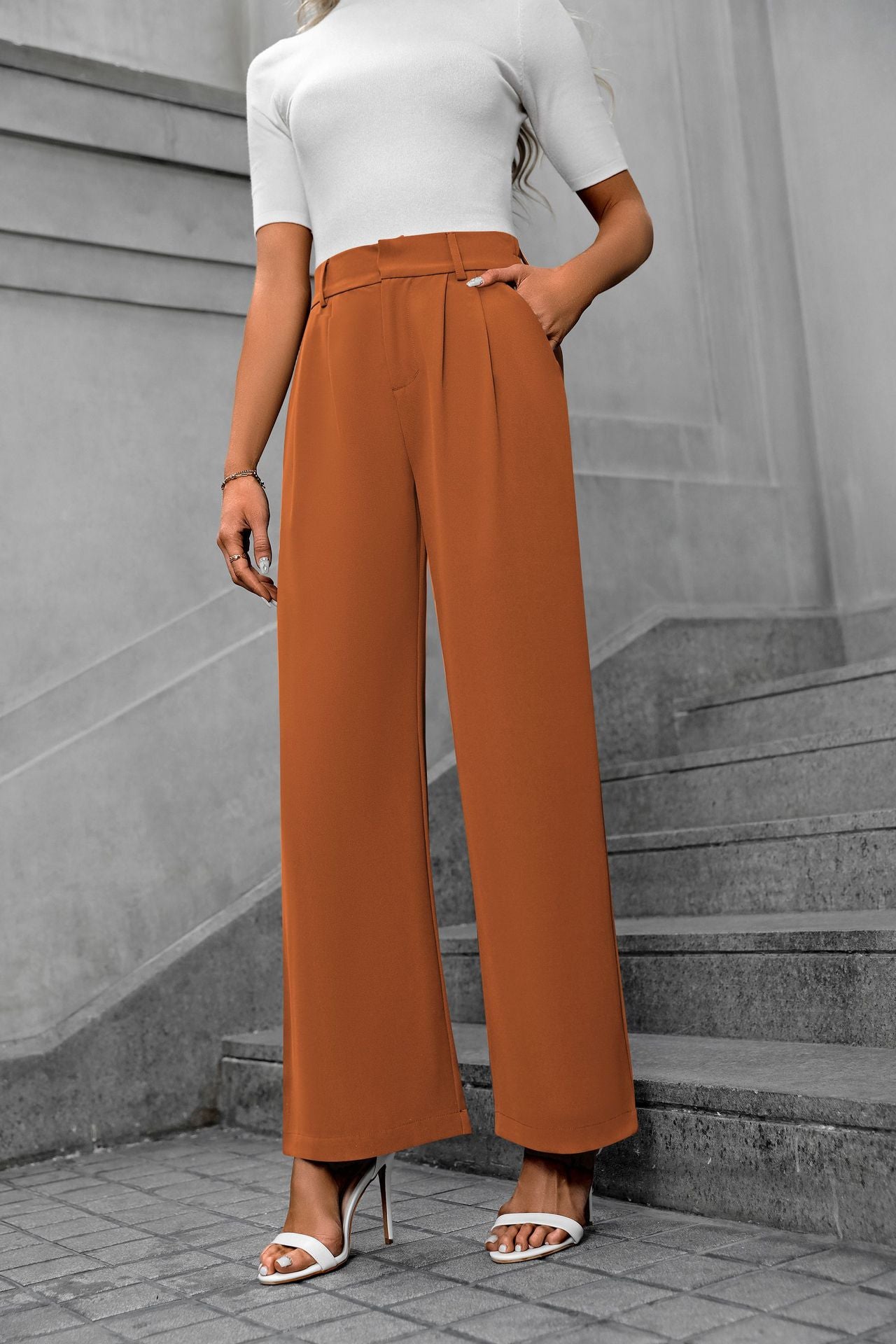 Solid color straight leg pants-D117