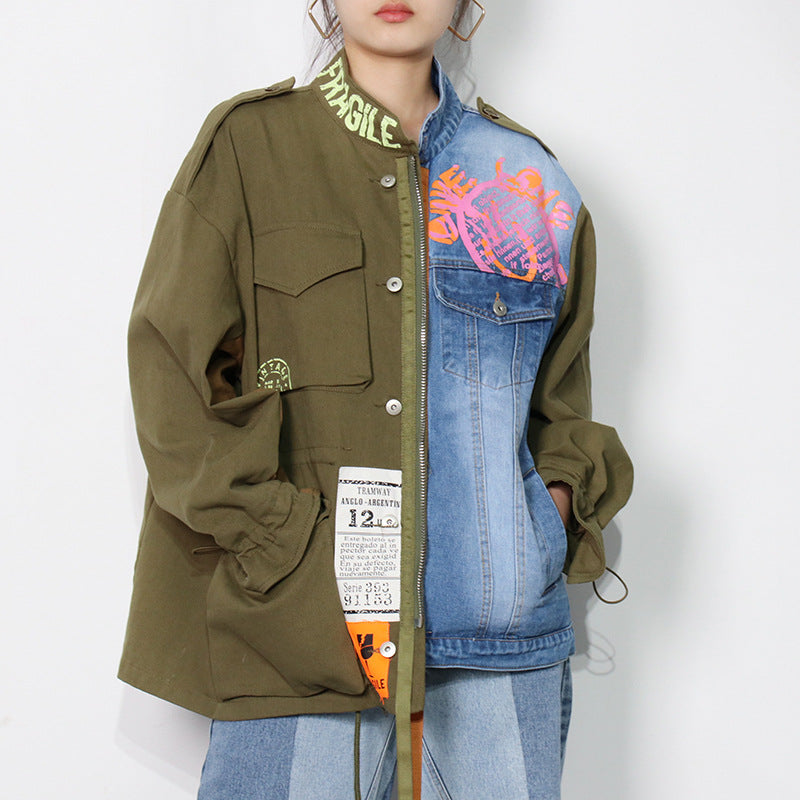 Color contrast patchwork denim jacket-D357