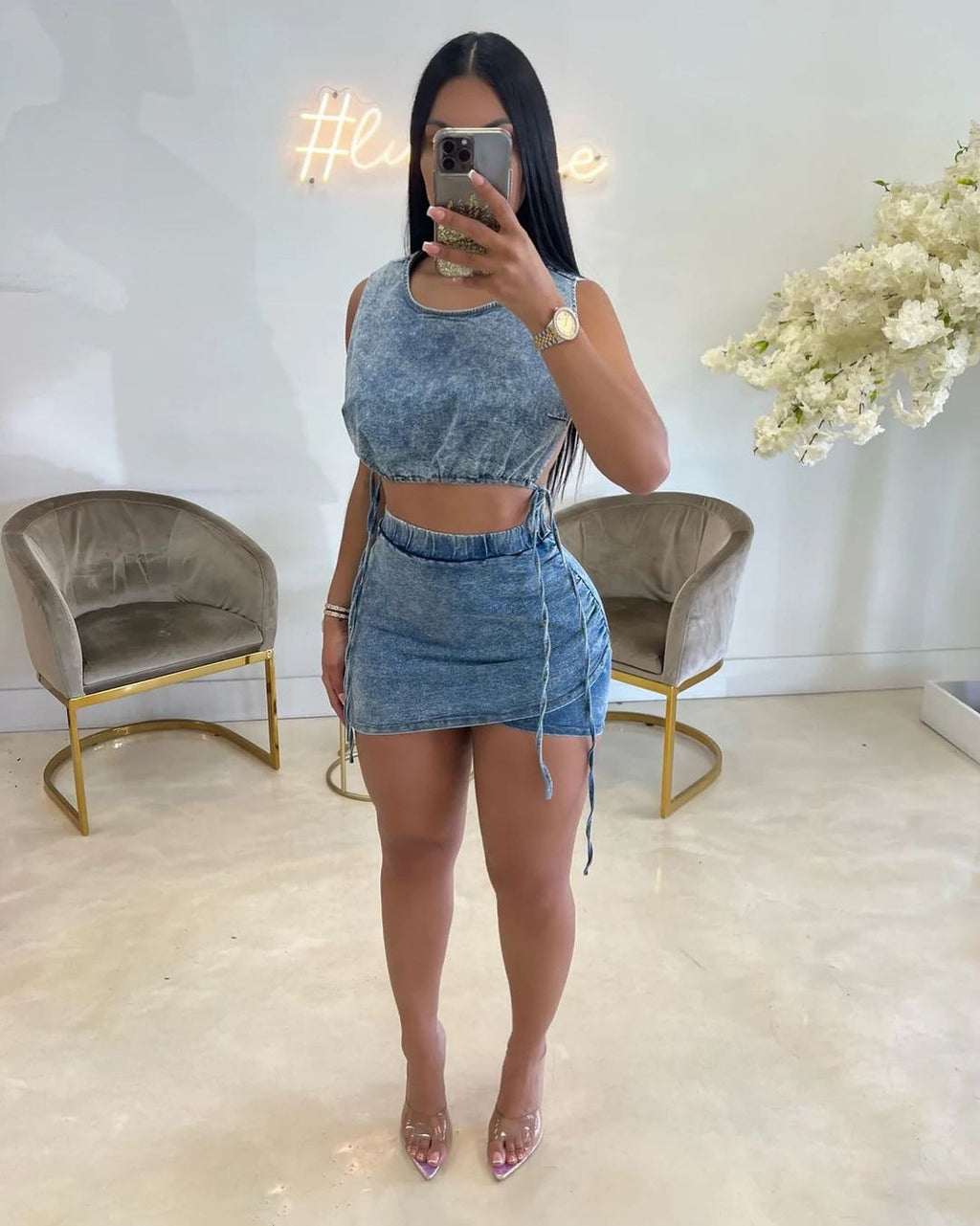 Crop denim skirt suit-D125