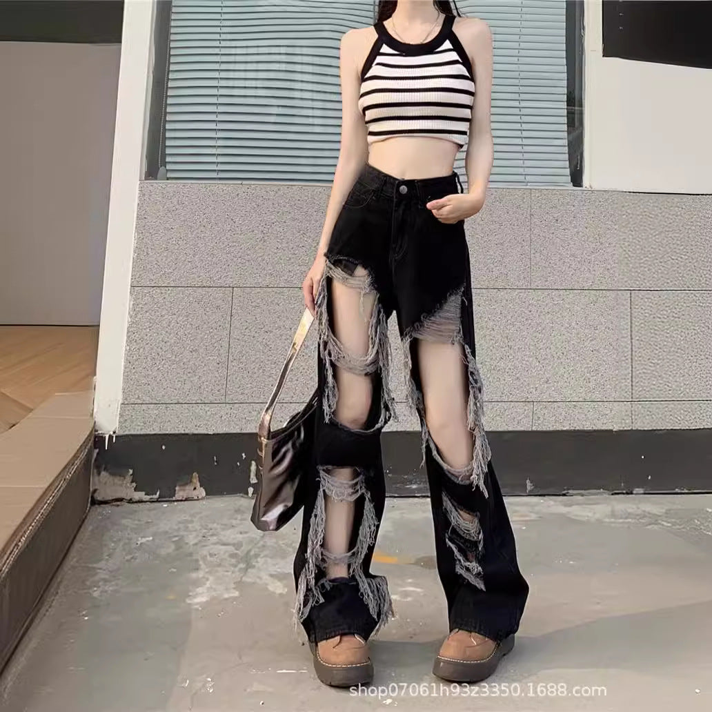 Ripped denim pants-D589