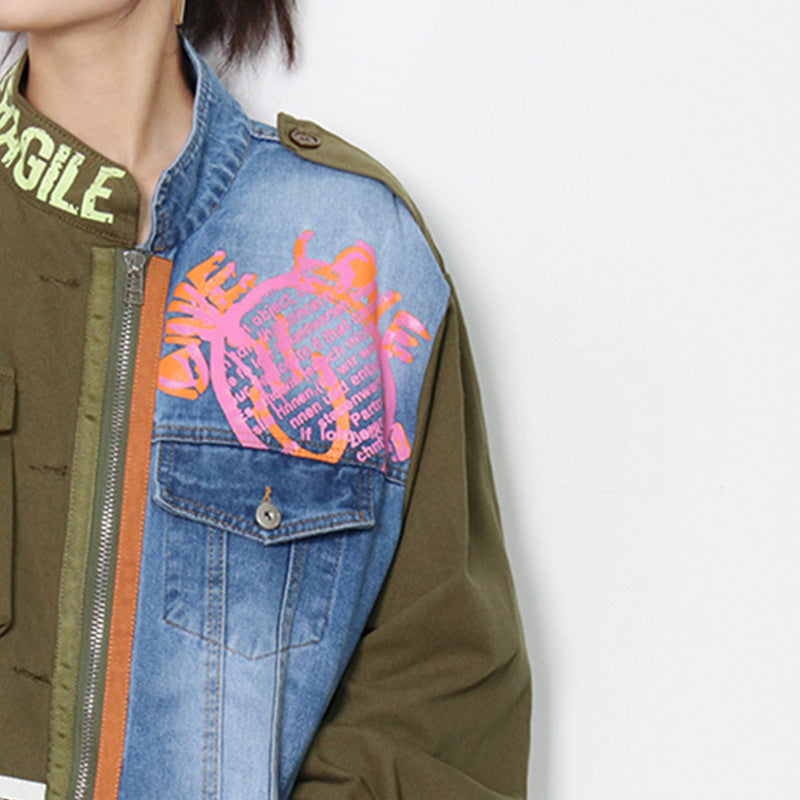 Color contrast patchwork denim jacket-D357