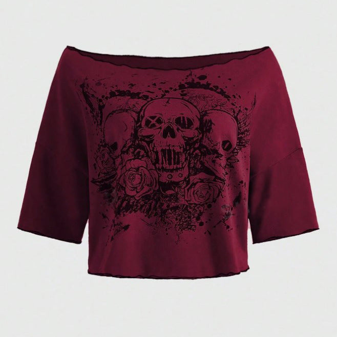 Skull patterned dropped-shoulder TEE-D447