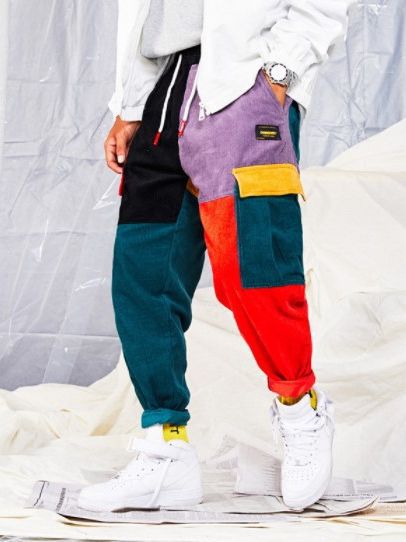 Corduroy patchwork pants-D169