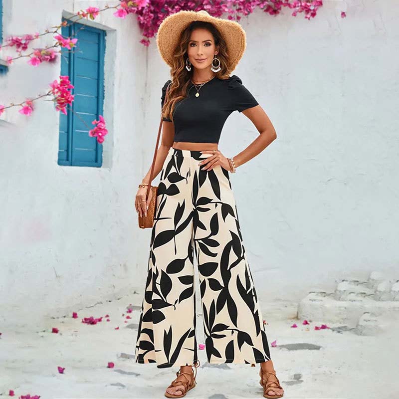 Leaf print casual two-piece set-D856