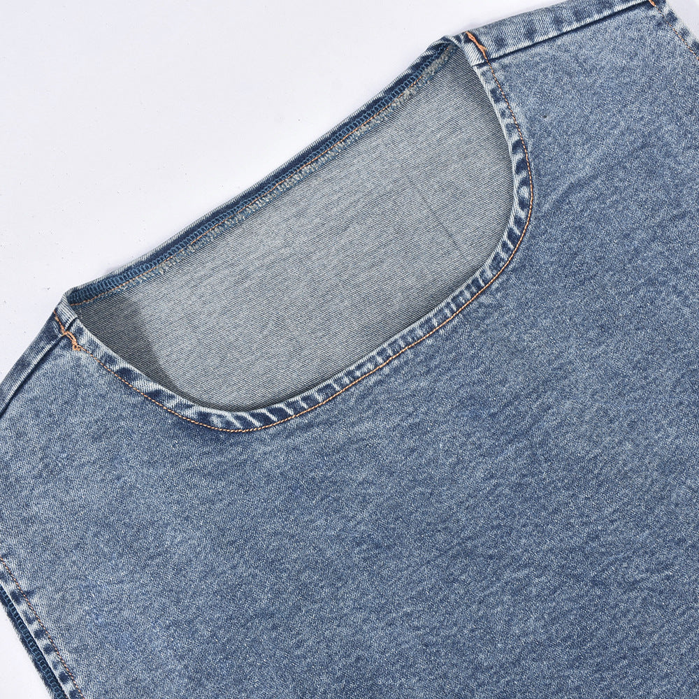 Crop denim skirt suit-D125