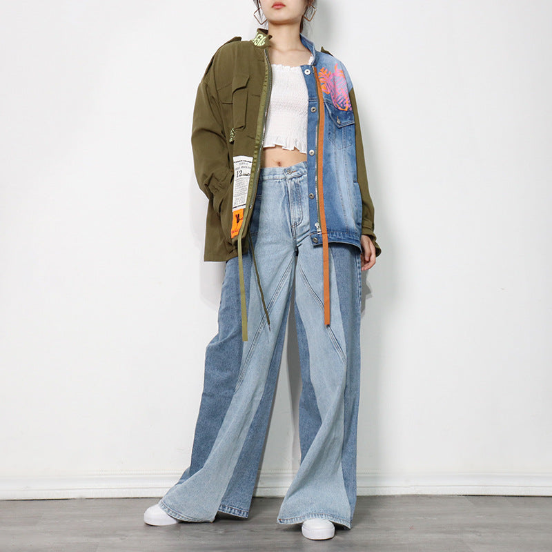 Color contrast patchwork denim jacket-D357