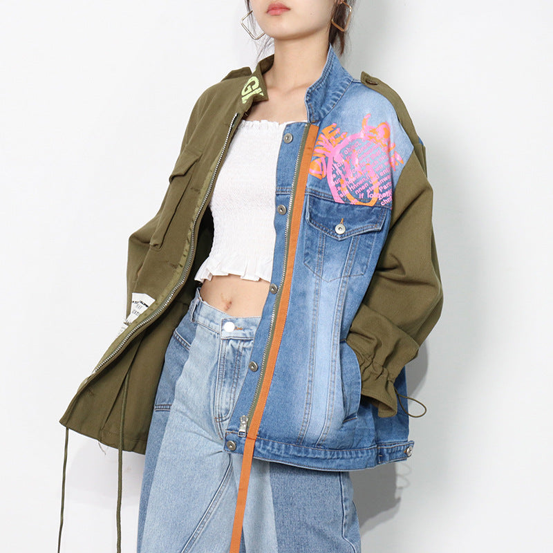 Color contrast patchwork denim jacket-D357
