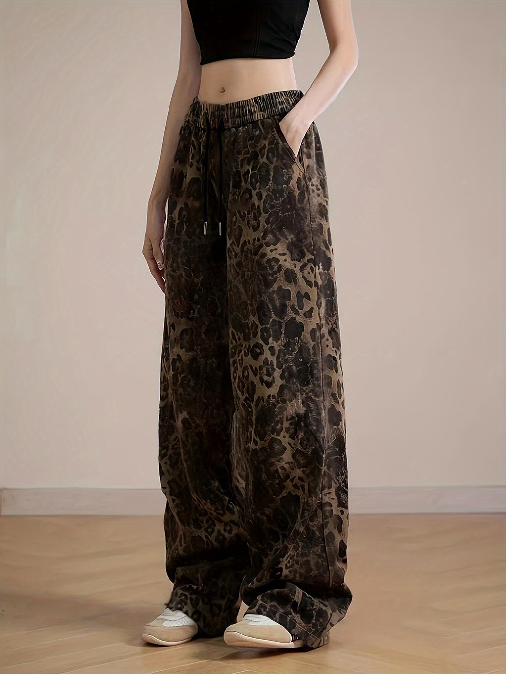 Vintage leopard print hip-hop jeans-D413