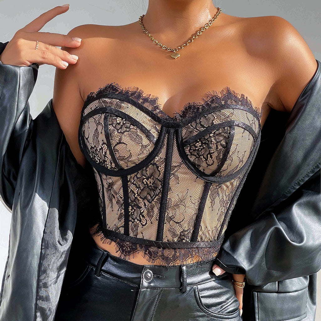 Black lace contrast top-D58