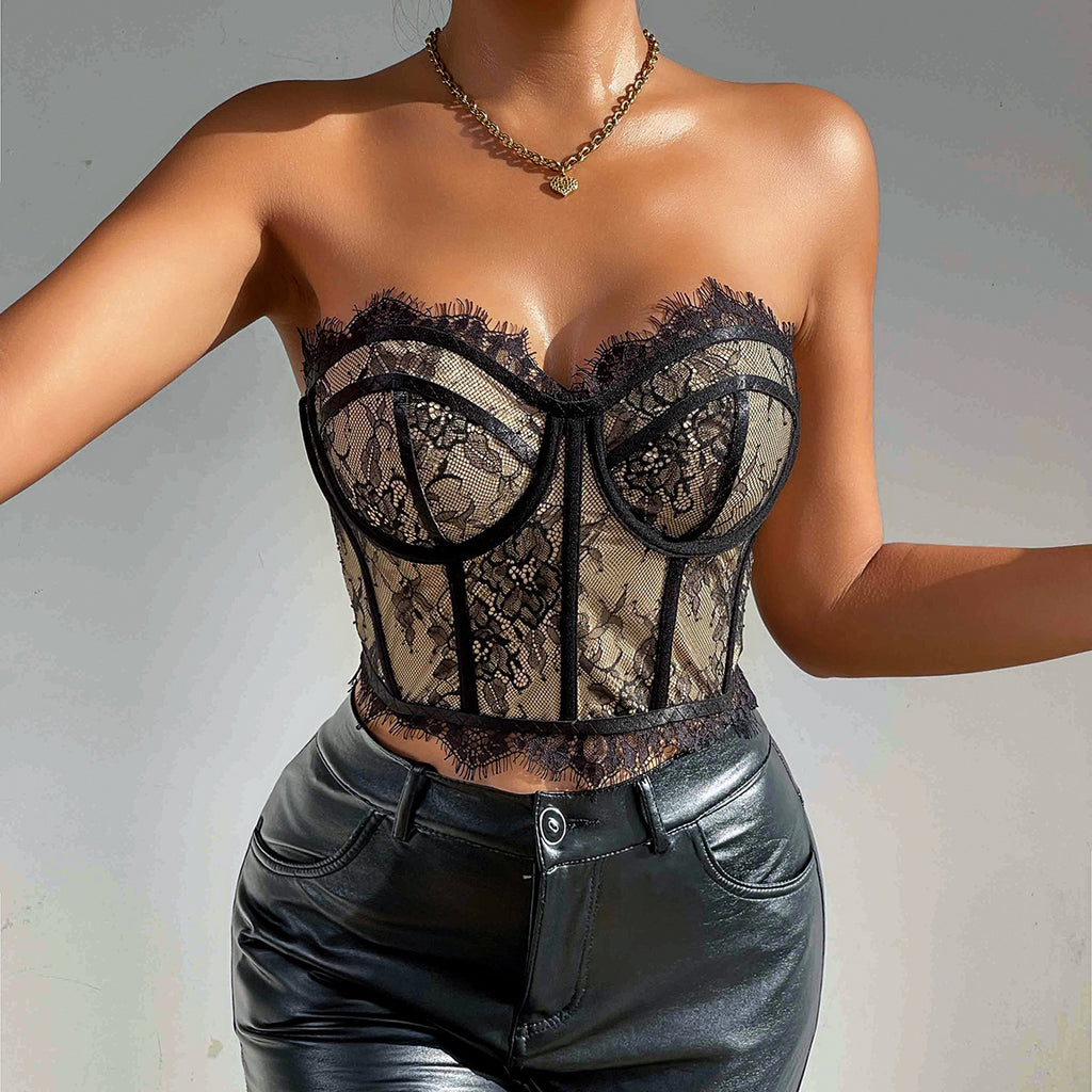 Black lace contrast top-D58