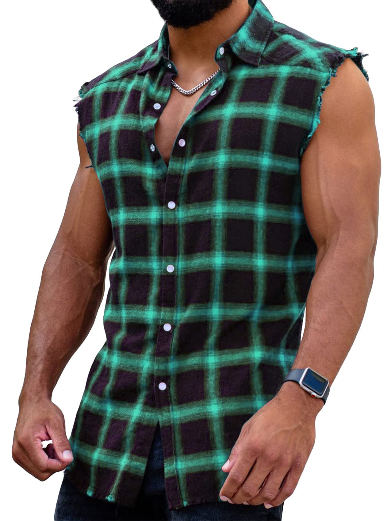 Sleeveless plaid shirt-D685