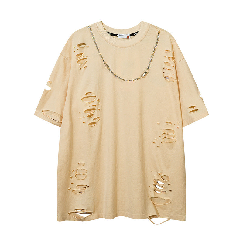Ripped solid color short sleeves-D461